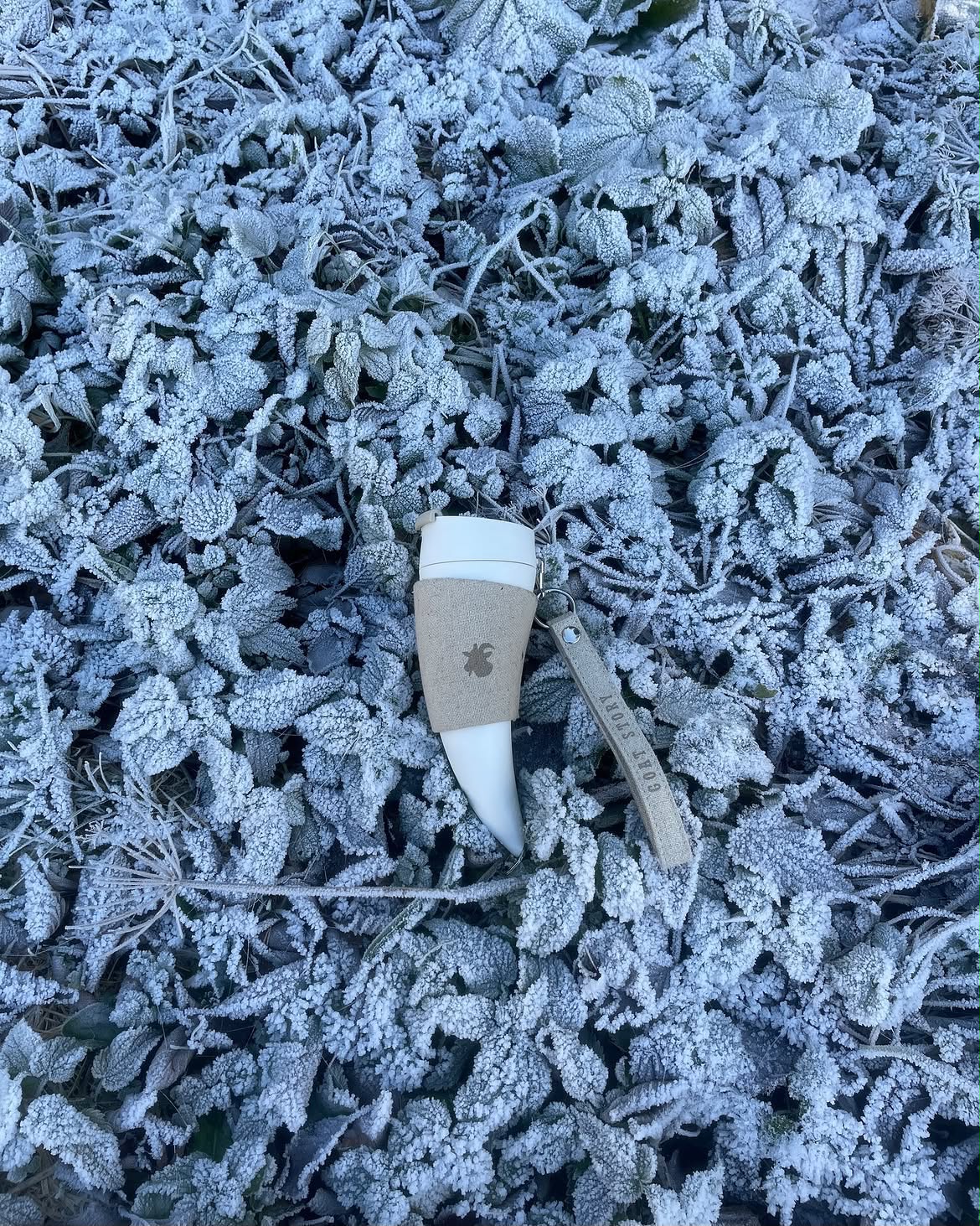 The GOAT Mug product still lying on frost-covered leaves